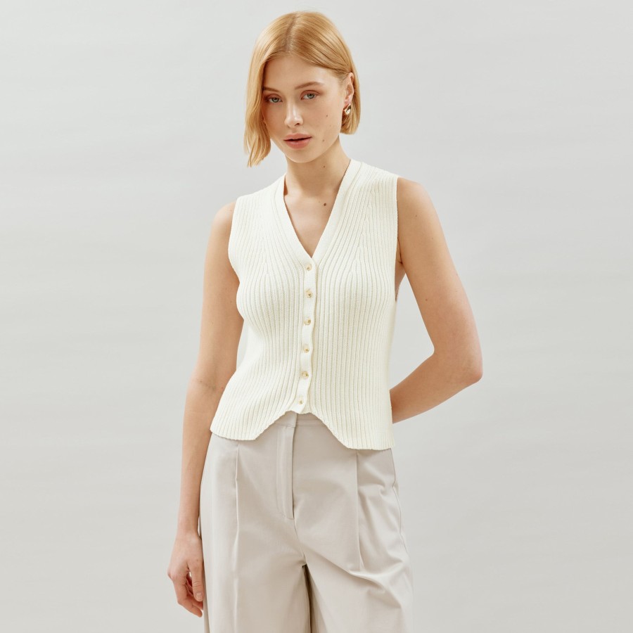 Knitwear Albaray | Cream Knitted Rib Waistcoat