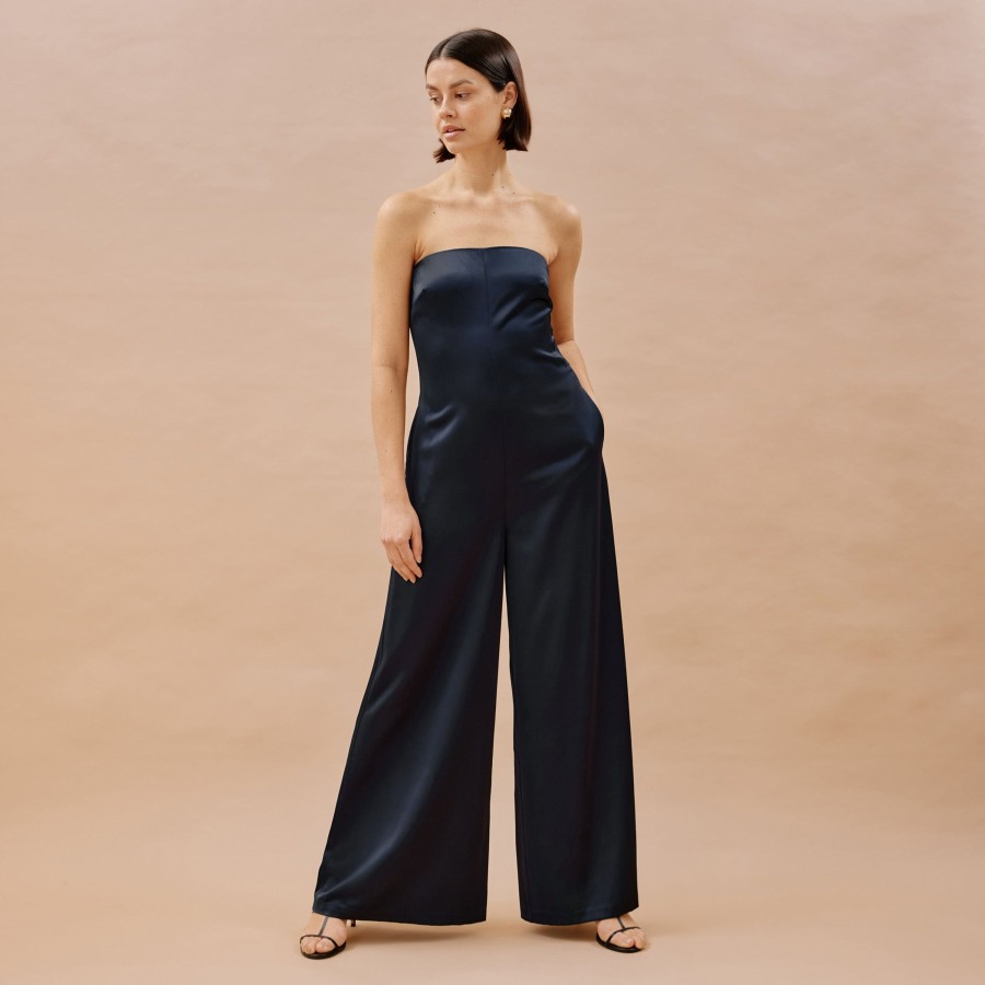 Jumpsuits Albaray | Navy Satin Bandeau Jumpsuit